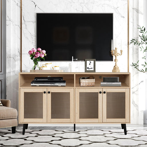 Evans 56 Inch Mid-Century Modern TV Stand with Open Shelves and Cabinets for Living Room, Bedroom - Sweatfully
