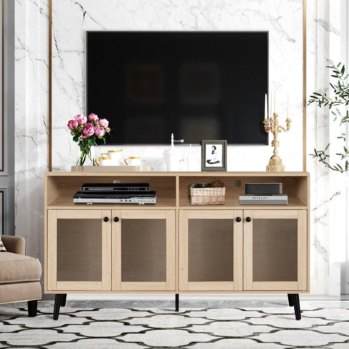 Evans 56 Inch Mid-Century Modern TV Stand with Open Shelves and Cabinets for Living Room, Bedroom - Sweatfully