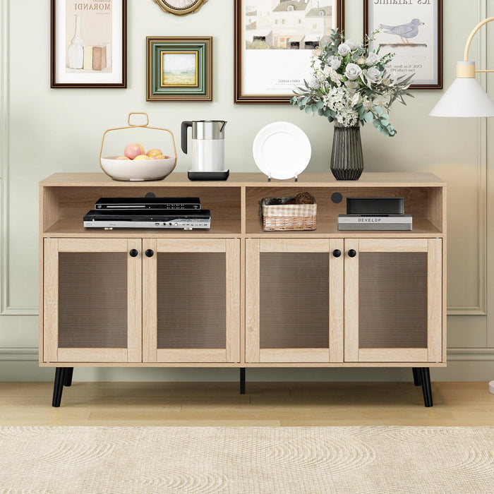 Evans 56 Inch Mid-Century Modern TV Stand with Open Shelves and Cabinets for Living Room, Bedroom - Sweatfully