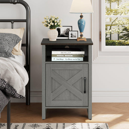 Furniture of America Farmhouse Grey 16-inch Side Table with Barn Door and Open Shelf - Sweatfully