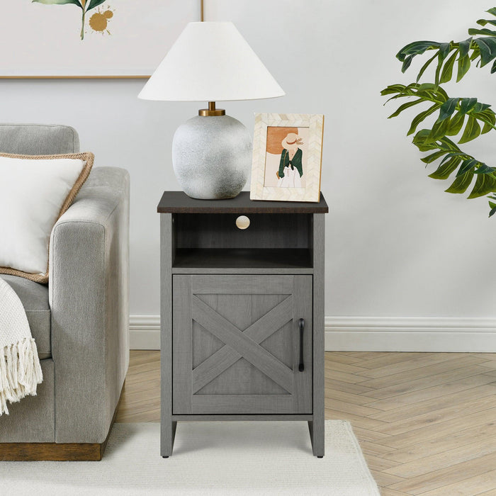 Furniture of America Farmhouse Grey 16-inch Side Table with Barn Door and Open Shelf - Sweatfully