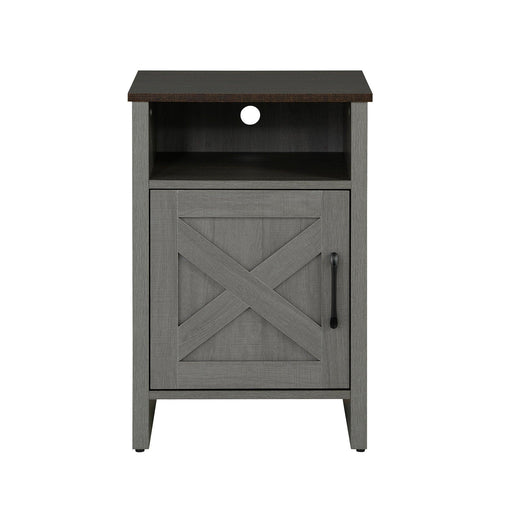 Furniture of America Farmhouse Grey 16-inch Side Table with Barn Door and Open Shelf - Sweatfully