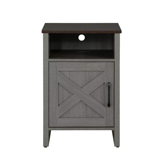 Furniture of America Farmhouse Grey 16-inch Side Table with Barn Door and Open Shelf - Sweatfully