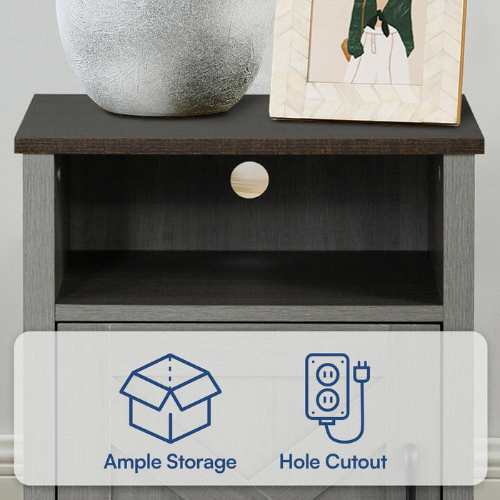 Furniture of America Farmhouse Grey 16-inch Side Table with Barn Door and Open Shelf - Sweatfully