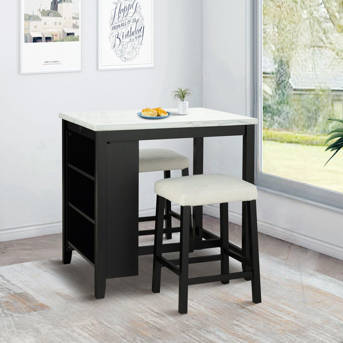36" Modern Dining Table Set with 2 Stool, High Gloss Table Top, USB-A & USB-C Charging Ports - Sweatfully