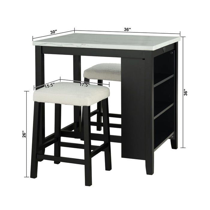 36" Modern Dining Table Set with 2 Stool, High Gloss Table Top, USB-A & USB-C Charging Ports - Sweatfully