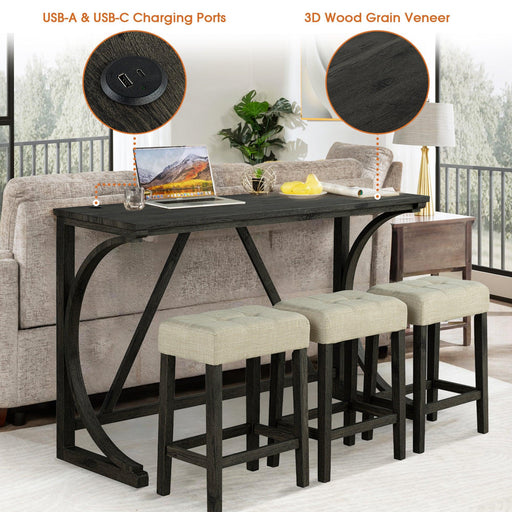 59" Rustic Dining&Bar Table Set with 3 Stools for Apartment, USB-A & USB-C Charging Ports - Sweatfully