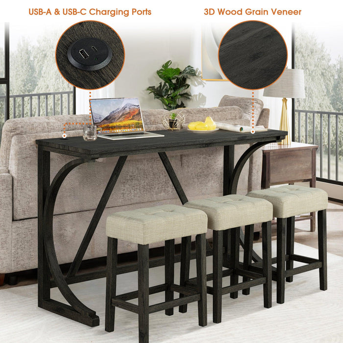 59" Rustic Dining&Bar Table Set with 3 Stools for Apartment, USB-A & USB-C Charging Ports - Sweatfully