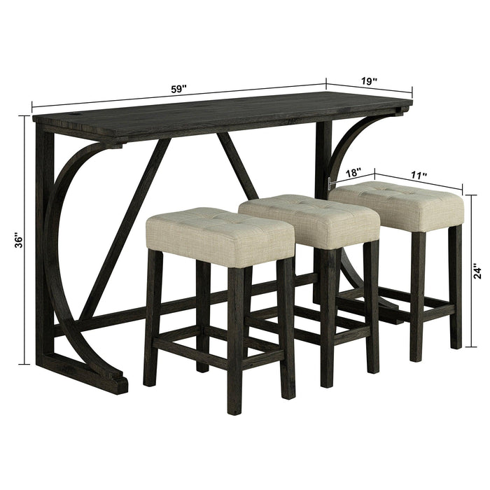 59" Rustic Dining&Bar Table Set with 3 Stools for Apartment, USB-A & USB-C Charging Ports - Sweatfully