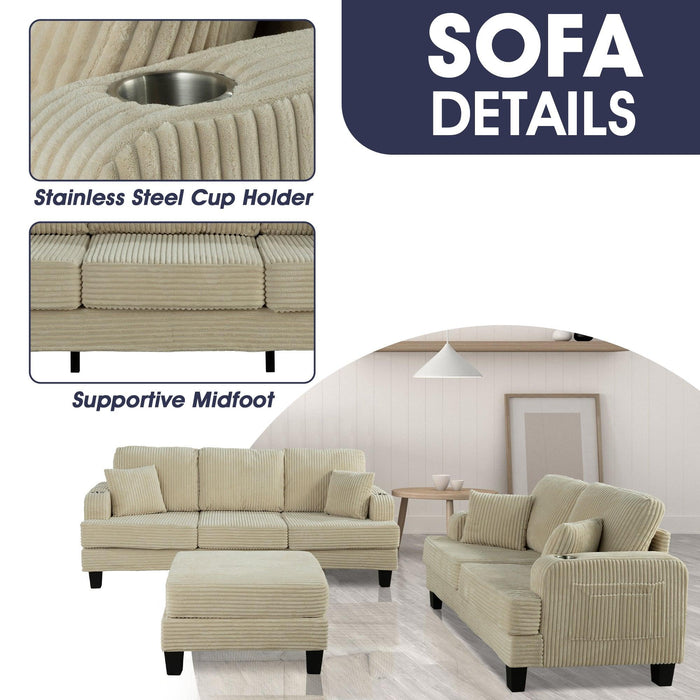 Beige 3 Piece Set Comfy Sofa Couch 3-Seater & Loveseat Sofa with Storage Ottoman with USB - Sweatfully