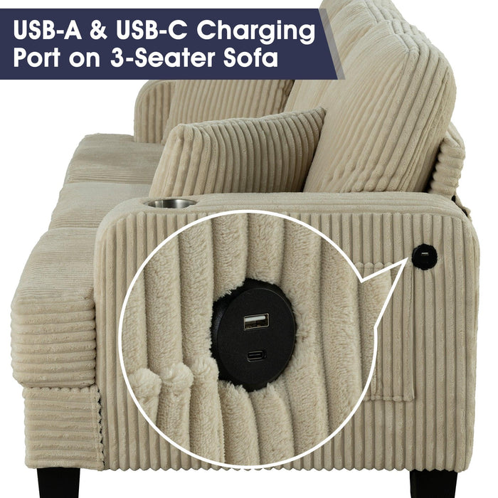 Beige 3 Piece Set Comfy Sofa Couch 3-Seater & Loveseat Sofa with Storage Ottoman with USB - Sweatfully