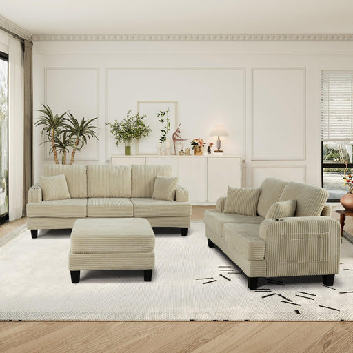 Beige 3 Piece Set Comfy Sofa Couch 3-Seater & Loveseat Sofa with Storage Ottoman with USB - Sweatfully