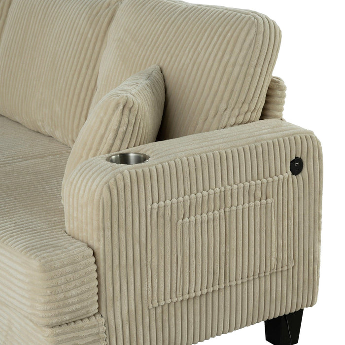 Beige 3 Piece Set Comfy Sofa Couch 3-Seater & Loveseat Sofa with Storage Ottoman with USB - Sweatfully