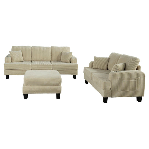 Beige 3 Piece Set Comfy Sofa Couch 3-Seater & Loveseat Sofa with Storage Ottoman with USB - Sweatfully