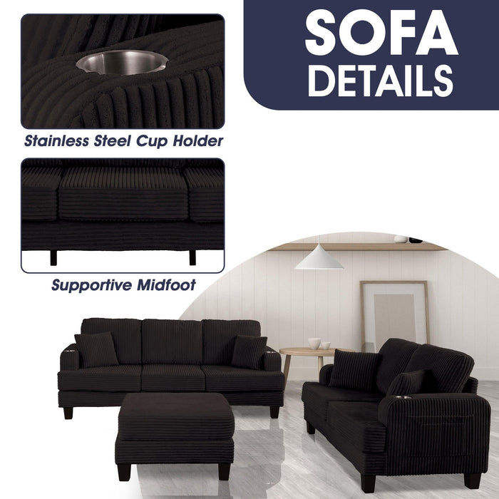 Black 3 Piece Set Comfy Sofa Couch 3-Seater & Loveseat Sofa with Storage Ottoman for Living Room with USB, Side Pockets, Pillows included - Sweatfully