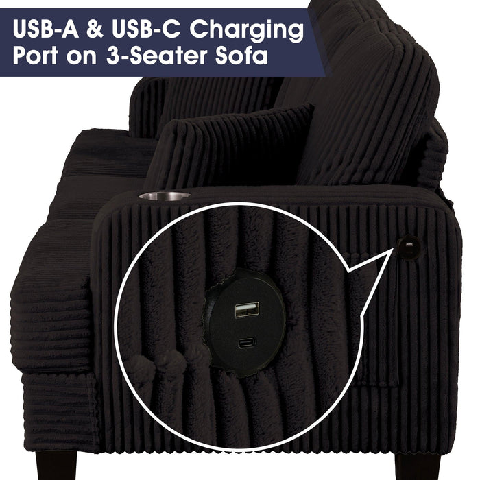 Black 3 Piece Set Comfy Sofa Couch 3-Seater & Loveseat Sofa with Storage Ottoman for Living Room with USB, Side Pockets, Pillows included - Sweatfully