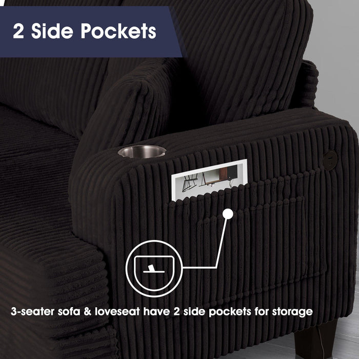 Black 3 Piece Set Comfy Sofa Couch 3-Seater & Loveseat Sofa with Storage Ottoman for Living Room with USB, Side Pockets, Pillows included - Sweatfully