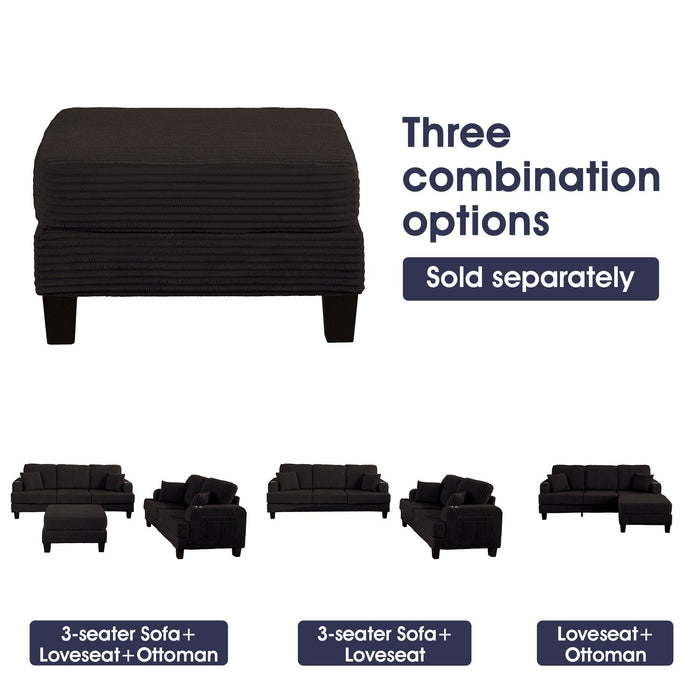 Black 3 Piece Set Comfy Sofa Couch 3-Seater & Loveseat Sofa with Storage Ottoman for Living Room with USB, Side Pockets, Pillows included - Sweatfully