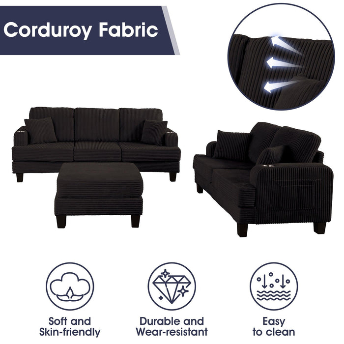 Black 3 Piece Set Comfy Sofa Couch 3-Seater & Loveseat Sofa with Storage Ottoman for Living Room with USB, Side Pockets, Pillows included - Sweatfully