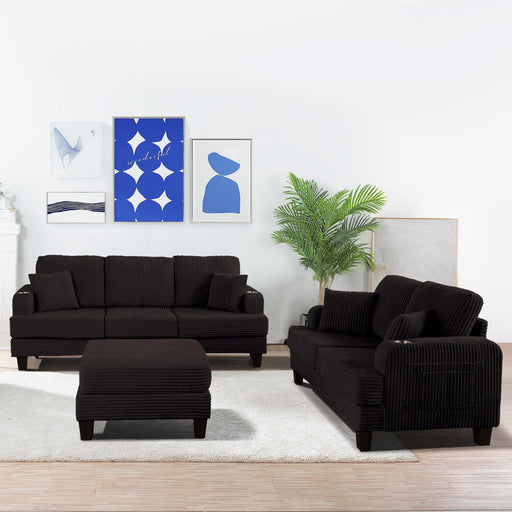 Black 3 Piece Set Comfy Sofa Couch 3-Seater & Loveseat Sofa with Storage Ottoman for Living Room with USB, Side Pockets, Pillows included - Sweatfully