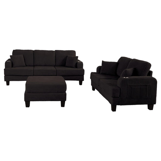 Black 3 Piece Set Comfy Sofa Couch 3-Seater & Loveseat Sofa with Storage Ottoman for Living Room with USB, Side Pockets, Pillows included - Sweatfully
