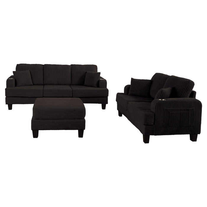 Black 3 Piece Set Comfy Sofa Couch 3-Seater & Loveseat Sofa with Storage Ottoman for Living Room with USB, Side Pockets, Pillows included - Sweatfully