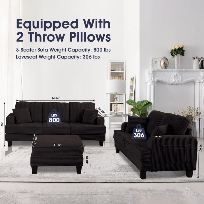 Black 3 Piece Set Comfy Sofa Couch 3-Seater & Loveseat Sofa with Storage Ottoman for Living Room with USB, Side Pockets, Pillows included - Sweatfully