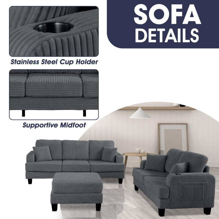 Dark Gray 3 Piece Set Comfy Sofa Couch 3-Seater & Loveseat Sofa with Storage Ottoman for Living Room with USB, Side Pockets, Pillows included - Sweatfully