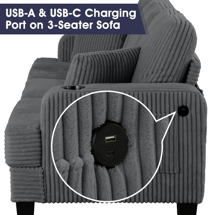 Dark Gray 3 Piece Set Comfy Sofa Couch 3-Seater & Loveseat Sofa with Storage Ottoman for Living Room with USB, Side Pockets, Pillows included - Sweatfully