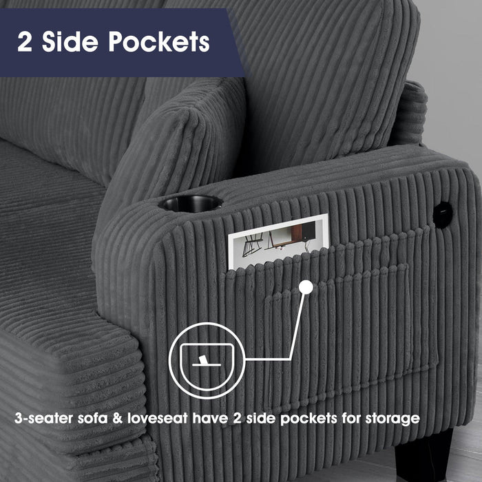Dark Gray 3 Piece Set Comfy Sofa Couch 3-Seater & Loveseat Sofa with Storage Ottoman for Living Room with USB, Side Pockets, Pillows included - Sweatfully