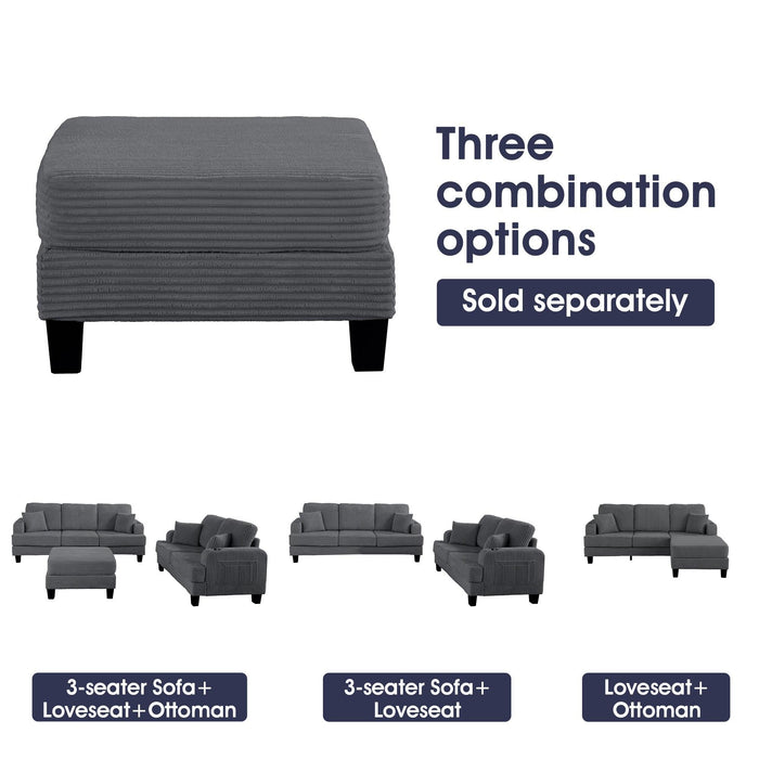Dark Gray 3 Piece Set Comfy Sofa Couch 3-Seater & Loveseat Sofa with Storage Ottoman for Living Room with USB, Side Pockets, Pillows included - Sweatfully