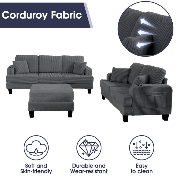 Dark Gray 3 Piece Set Comfy Sofa Couch 3-Seater & Loveseat Sofa with Storage Ottoman for Living Room with USB, Side Pockets, Pillows included - Sweatfully