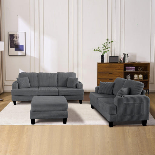 Dark Gray 3 Piece Set Comfy Sofa Couch 3-Seater & Loveseat Sofa with Storage Ottoman for Living Room with USB, Side Pockets, Pillows included - Sweatfully