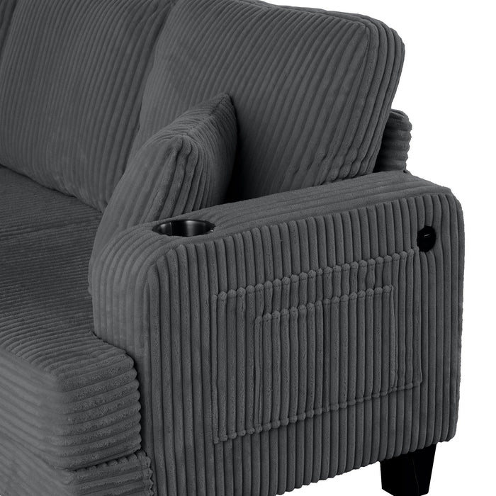 Dark Gray 3 Piece Set Comfy Sofa Couch 3-Seater & Loveseat Sofa with Storage Ottoman for Living Room with USB, Side Pockets, Pillows included - Sweatfully