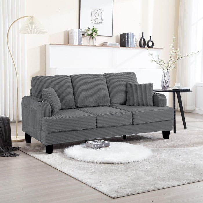Dark Gray 3 Piece Set Comfy Sofa Couch 3-Seater & Loveseat Sofa with Storage Ottoman for Living Room with USB, Side Pockets, Pillows included - Sweatfully