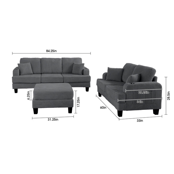 Dark Gray 3 Piece Set Comfy Sofa Couch 3-Seater & Loveseat Sofa with Storage Ottoman for Living Room with USB, Side Pockets, Pillows included - Sweatfully