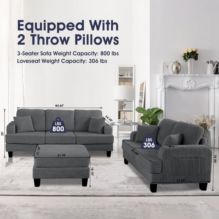 Dark Gray 3 Piece Set Comfy Sofa Couch 3-Seater & Loveseat Sofa with Storage Ottoman for Living Room with USB, Side Pockets, Pillows included - Sweatfully