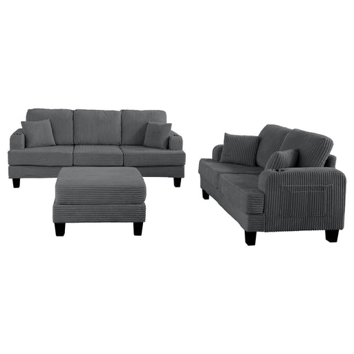 Dark Gray 3 Piece Set Comfy Sofa Couch 3-Seater & Loveseat Sofa with Storage Ottoman for Living Room with USB, Side Pockets, Pillows included - Sweatfully
