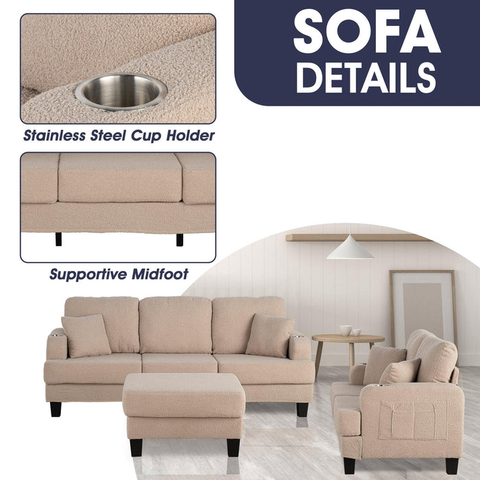 Beige 3-Piece Sofa Set with Storage Ottoman & USB Charging - Sweatfully