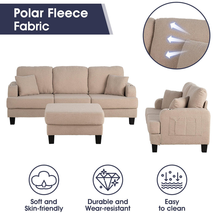 Beige 3-Piece Sofa Set with Storage Ottoman & USB Charging - Sweatfully
