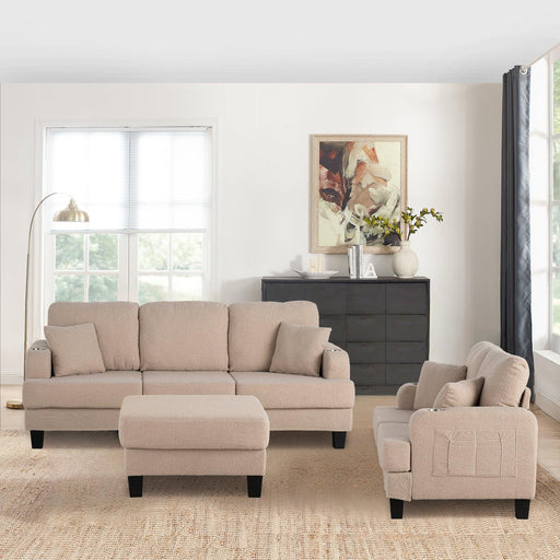 Beige 3-Piece Sofa Set with Storage Ottoman & USB Charging - Sweatfully