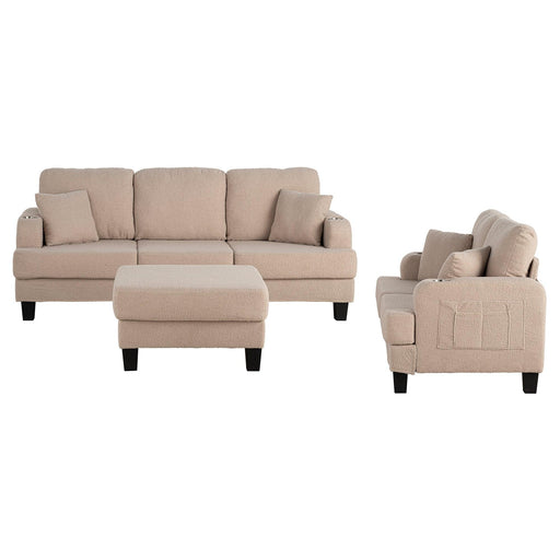 Beige 3-Piece Sofa Set with Storage Ottoman & USB Charging - Sweatfully