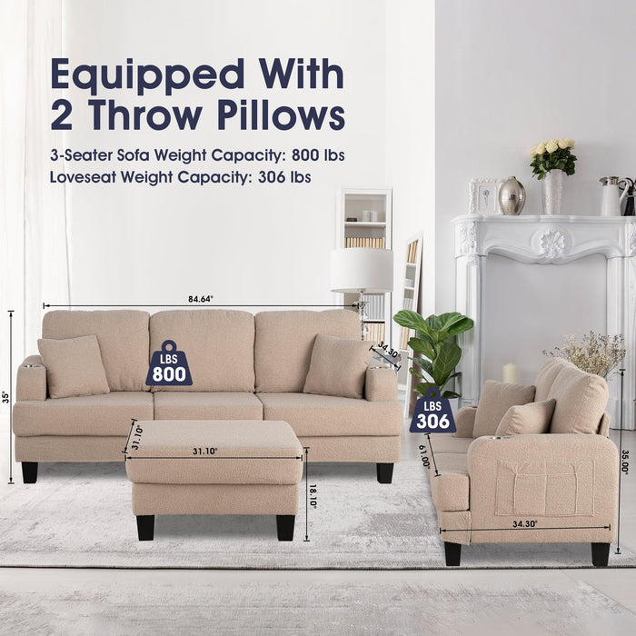 Beige 3-Piece Sofa Set with Storage Ottoman & USB Charging - Sweatfully