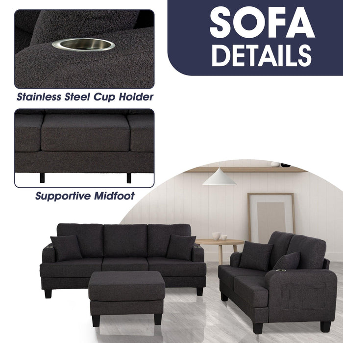 Dark Gray 3-Piece Sofa Set with Storage Ottoman & USB Charging - Sweatfully
