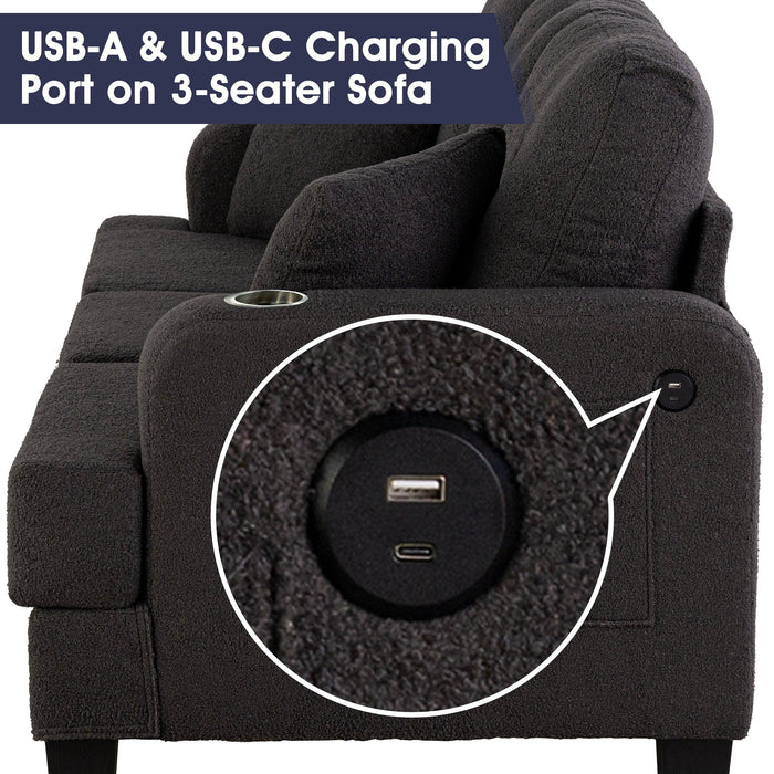 Dark Gray 3-Piece Sofa Set with Storage Ottoman & USB Charging - Sweatfully