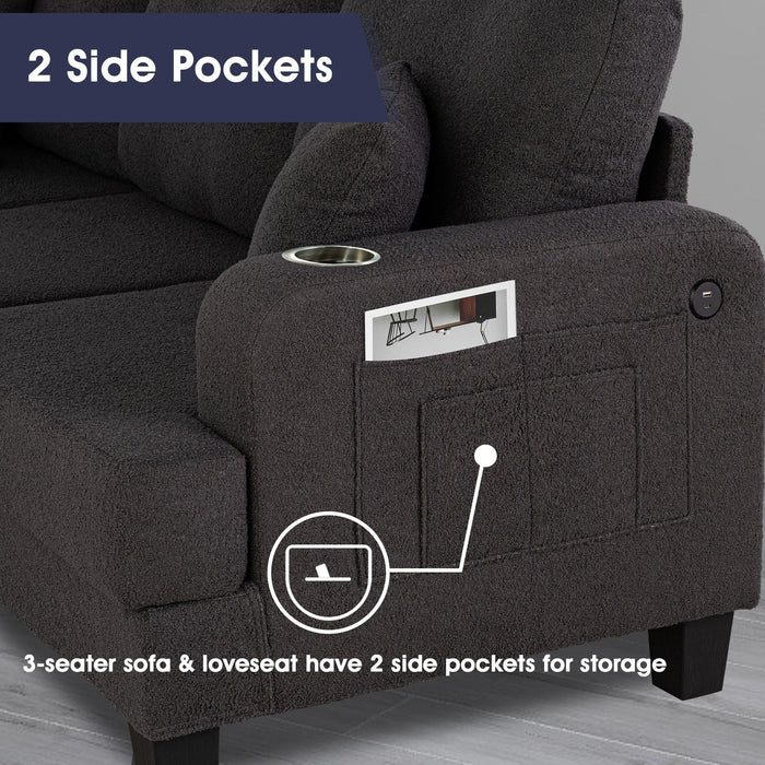 Dark Gray 3-Piece Sofa Set with Storage Ottoman & USB Charging - Sweatfully