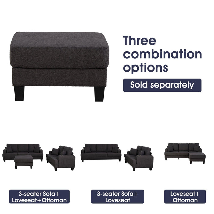 Dark Gray 3-Piece Sofa Set with Storage Ottoman & USB Charging - Sweatfully