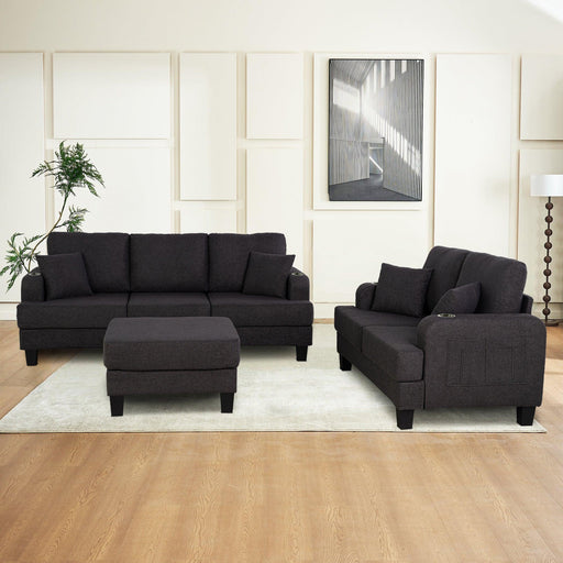 Dark Gray 3-Piece Sofa Set with Storage Ottoman & USB Charging - Sweatfully