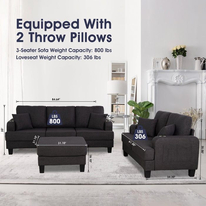Dark Gray 3-Piece Sofa Set with Storage Ottoman & USB Charging - Sweatfully