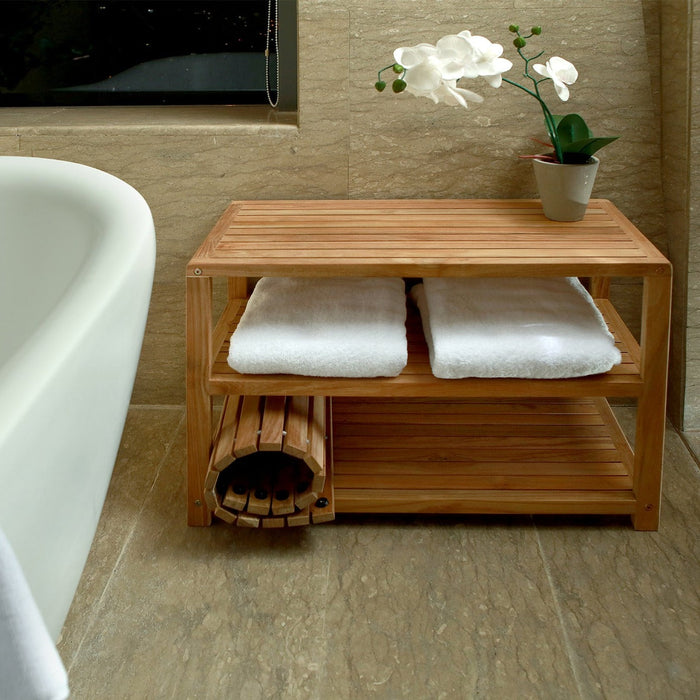 Savannah Natural Teak Shower and Spa/Bathroom/Outdoor - Storage Bench with Shelves- 28" or 40" - Sweatfully